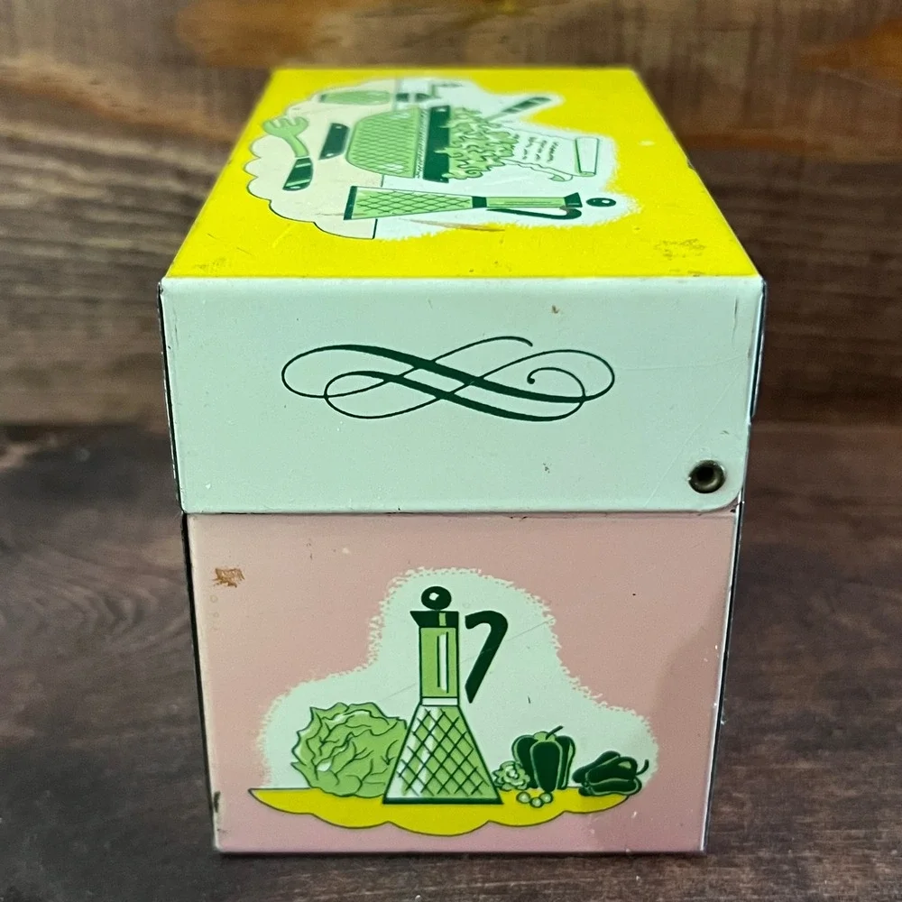 Vintage Ohio Art Co Metal Recipe Box Mid Century Kitchen Graphic Yellow Pink Tin